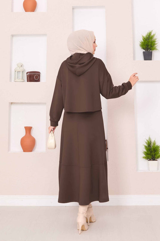 Zippered Hooded Crop Skirt Hijab Suit Brown