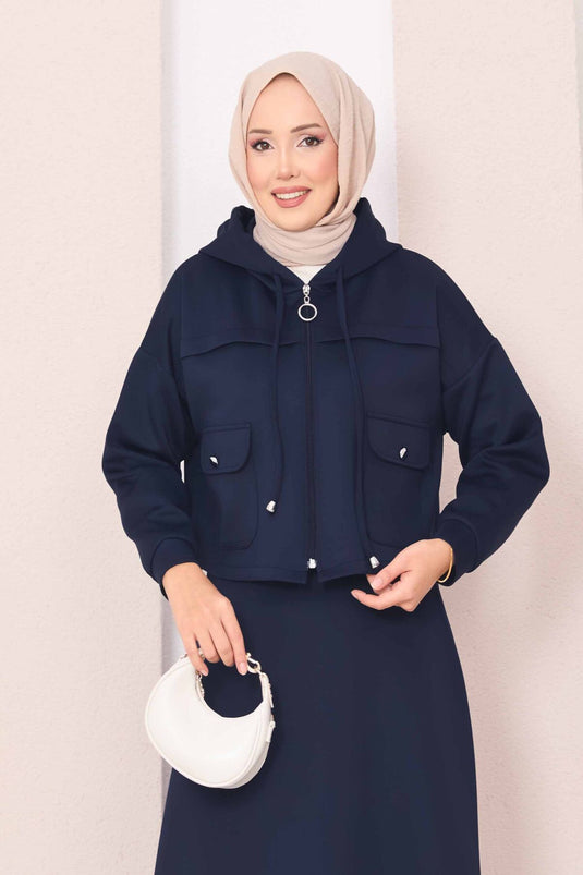 Fermuarlı Kapüşonlu Crop Etek Tesettür Takım Lacivert