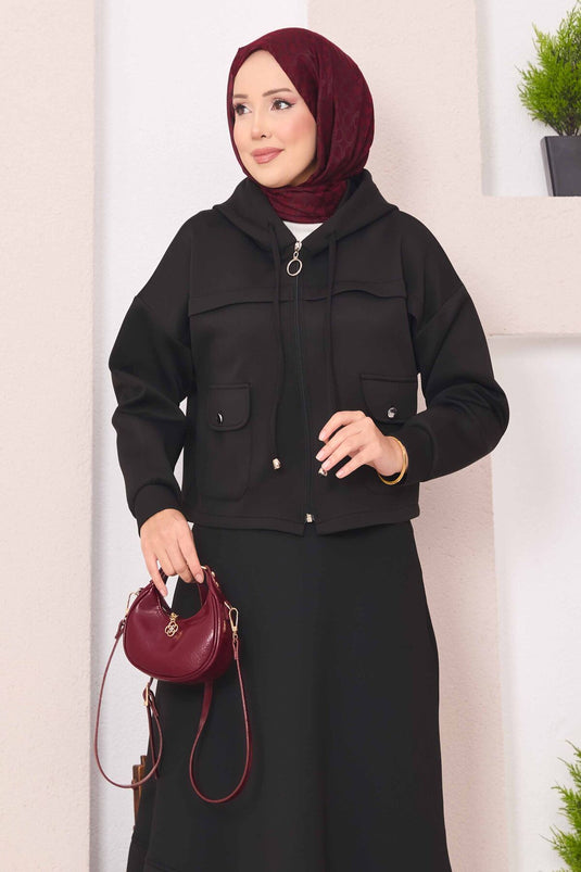 Ensemble hijab noir avec jupe courte à capuche zippée