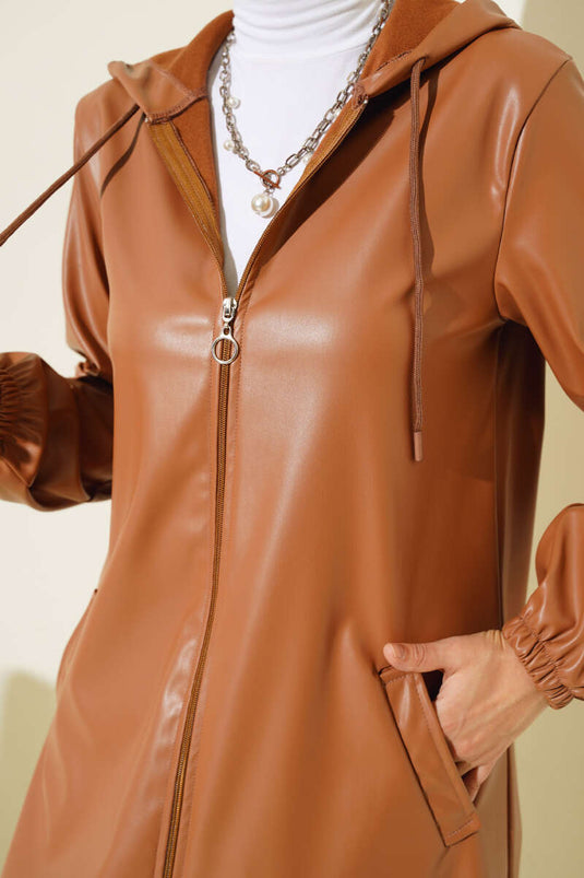 Casquette Zippée à Capuche en Cuir Camel