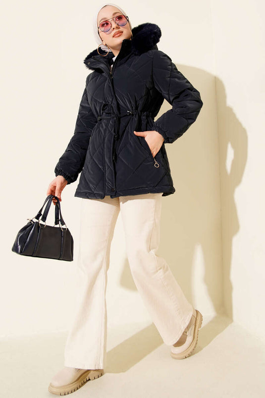 Fermuarlı Kapüşonlu Kısa Kapitone Mont Lacivert