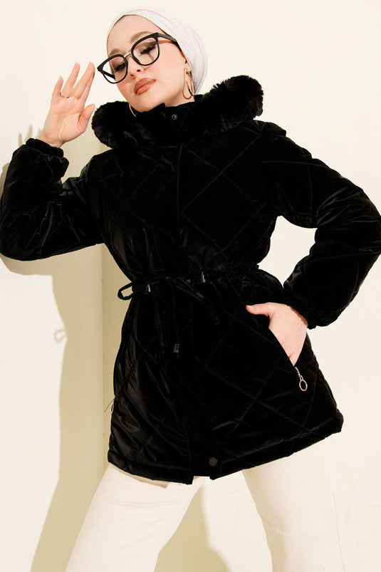 Manteau Court Matelassé À Capuche Et Fermeture Éclair Noire