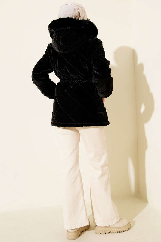 Manteau Court Matelassé À Capuche Et Fermeture Éclair Noire