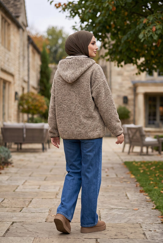 Zippered Hooded Fleece Coat In Coffee
