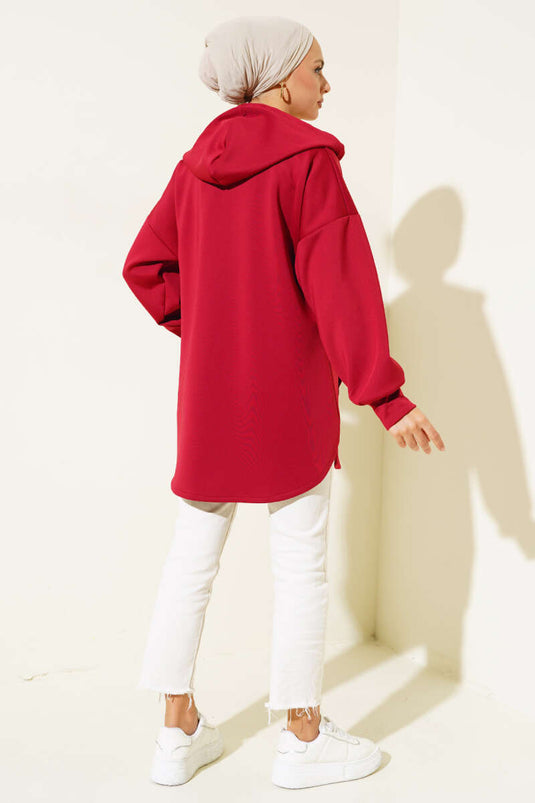 Cardigan Scuba Zippé à Capuche Rouge Claret