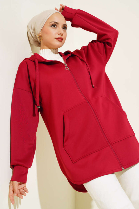 Cardigan Scuba Zippé à Capuche Rouge Claret