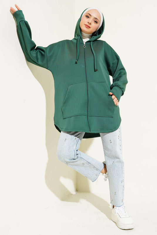 Zippered Hooded Scuba Cardigan Emerald