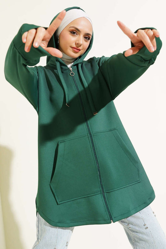 Zippered Hooded Scuba Cardigan Emerald