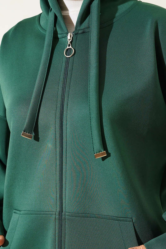 Zippered Hooded Scuba Cardigan Emerald