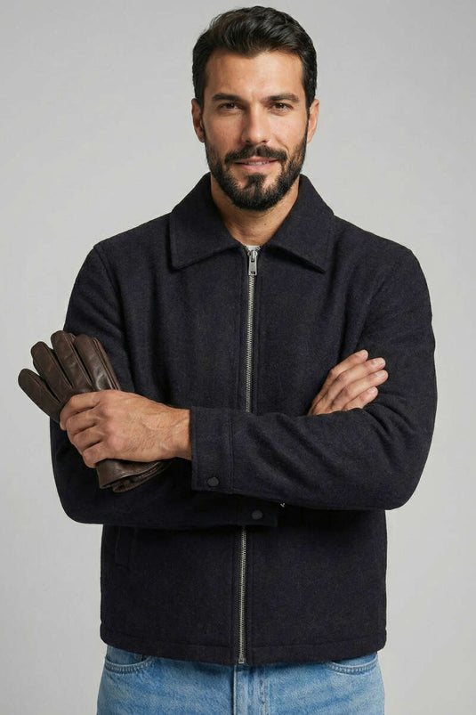 Fermuarlı Kaşe Erkek Ceket Siyah