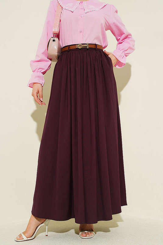 Zippered Belted Gathered Skirt Plum