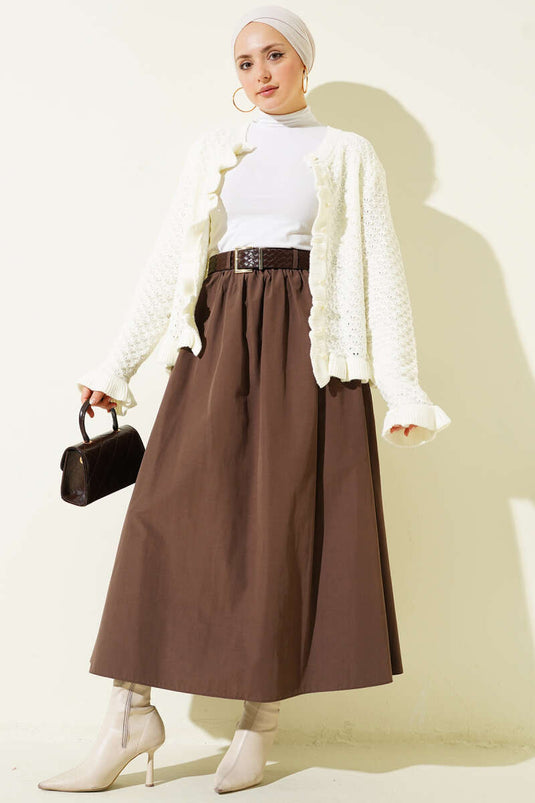 Fermuarlı Kemerli Poplin Etek Kahve