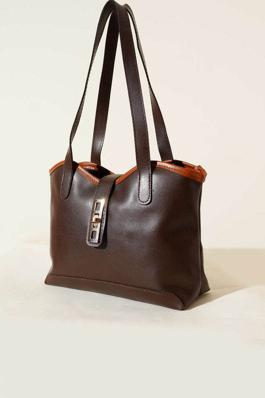 Zippered Shoulder Bag with Lock Detail, Dark Brown