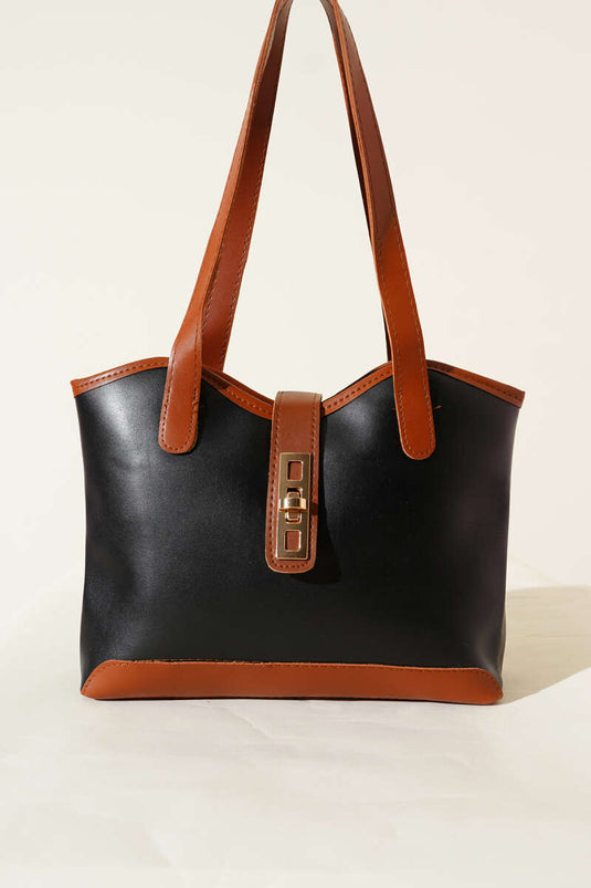 Zippered Shoulder Bag with Lock Detail, Black and Tan