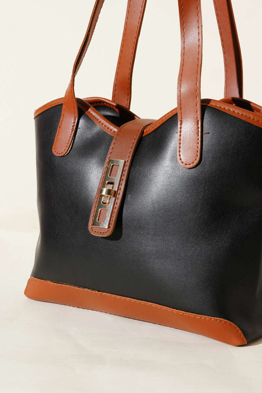 Zippered Shoulder Bag with Lock Detail, Black and Tan