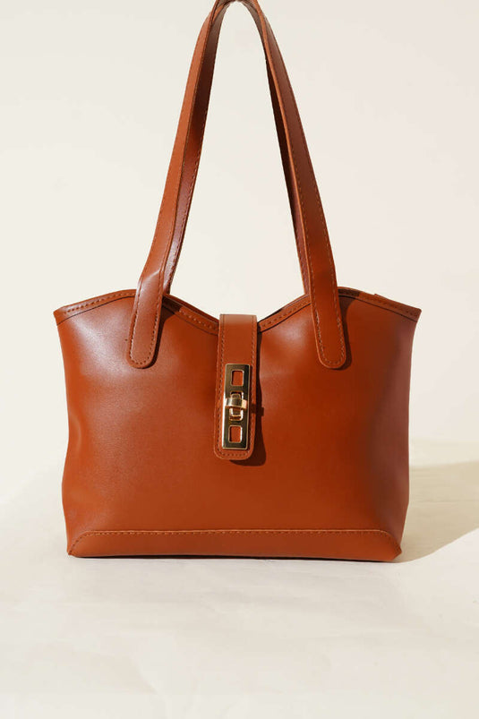 Tan Shoulder Bag with Zipper and Lock Detail