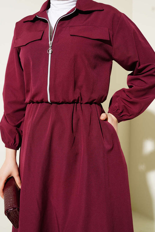 Zippered Short Jacket and Skirt Suit Claret Red