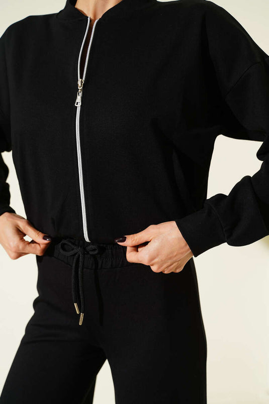 Fermuarlı Kısa Hırkalı İkili Takım Siyah