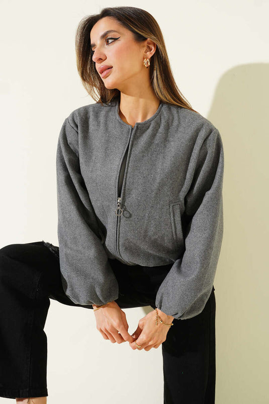 Fermuarlı Kısa Kaşe Bomber Ceket Füme