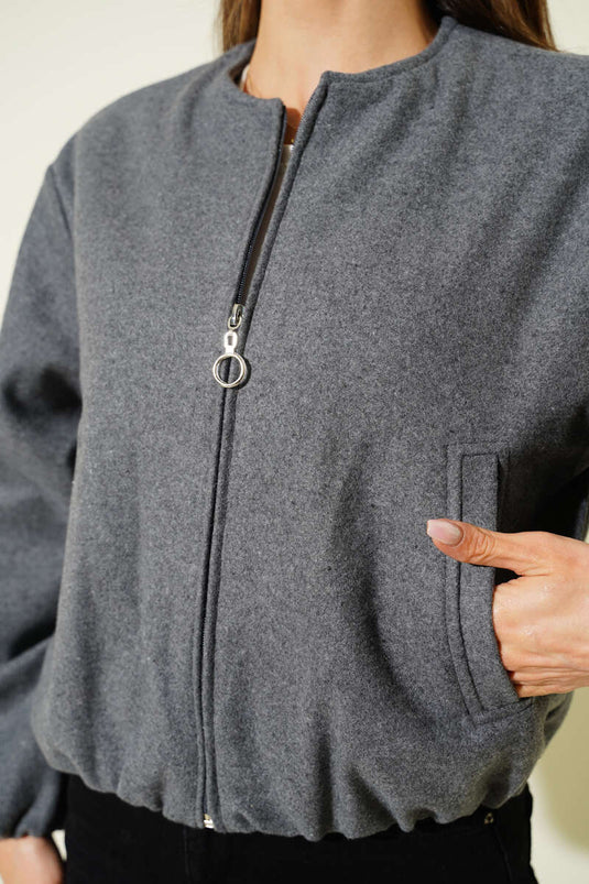 Fermuarlı Kısa Kaşe Bomber Ceket Füme