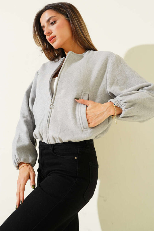 Graue kurze Kaschmir-Bomberjacke mit Reißverschluss