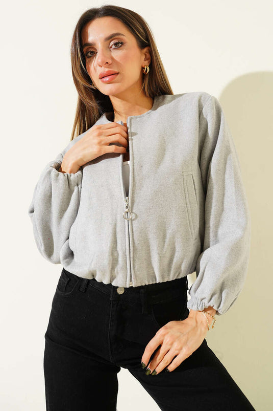 Grey Short Zip-Up Cashmere Bomber Jacket