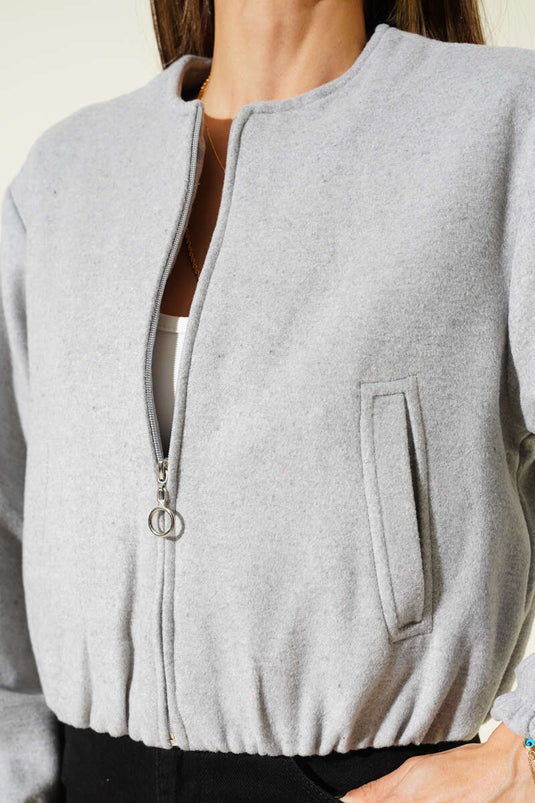 Graue kurze Kaschmir-Bomberjacke mit Reißverschluss