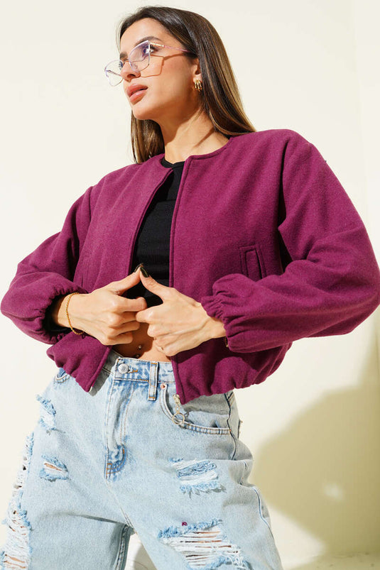 Short Zip-Up Cashmere Bomber Jacket, Magenta