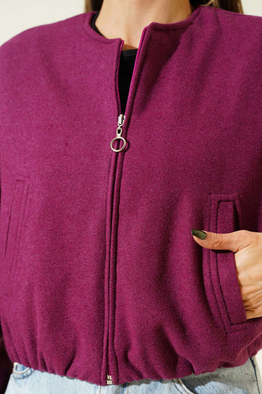 Short Zip-Up Cashmere Bomber Jacket, Magenta