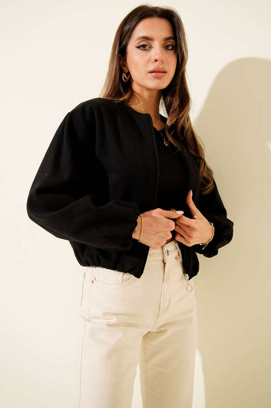 Short Zip-Up Cashmere Bomber Jacket, Black