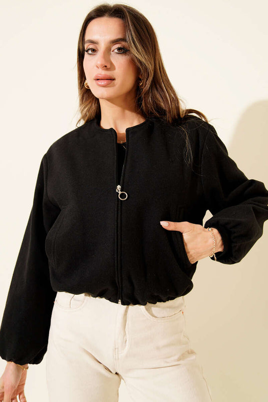 Short Zip-Up Cashmere Bomber Jacket, Black
