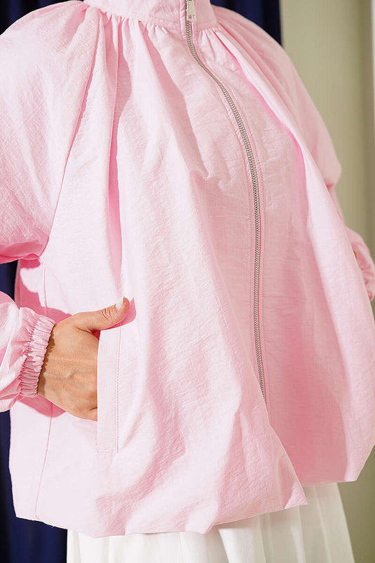 Fermuarlı Kısa Paraşüt Ceket Pembe
