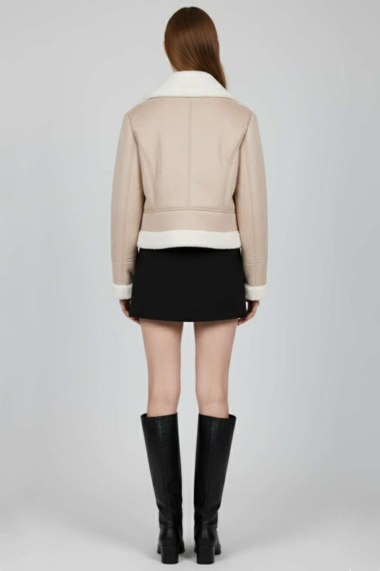 Fermuarlı Kısa Süet Mont Bej