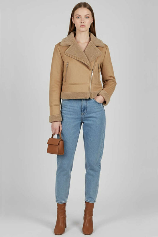 Veste courte en daim zippée, camel