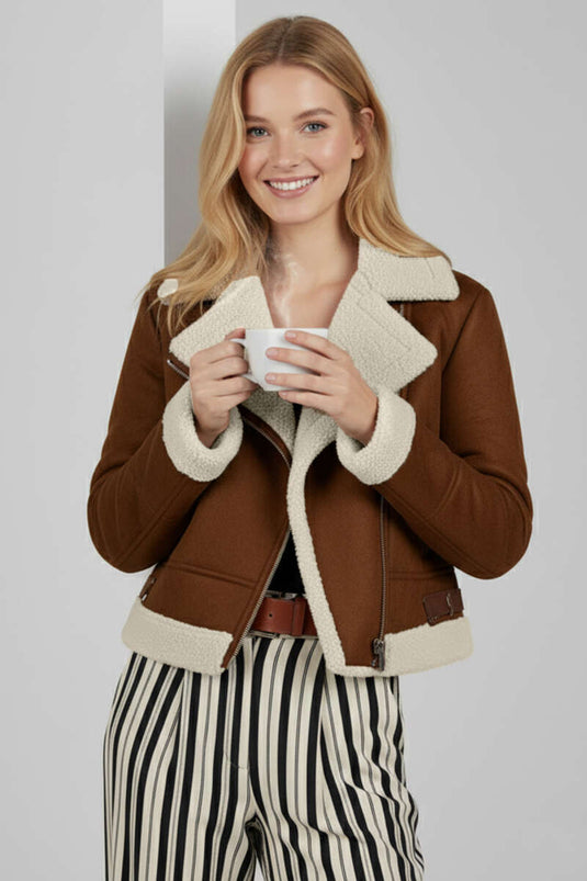 Kurze Wildlederjacke mit Reißverschluss, Braun