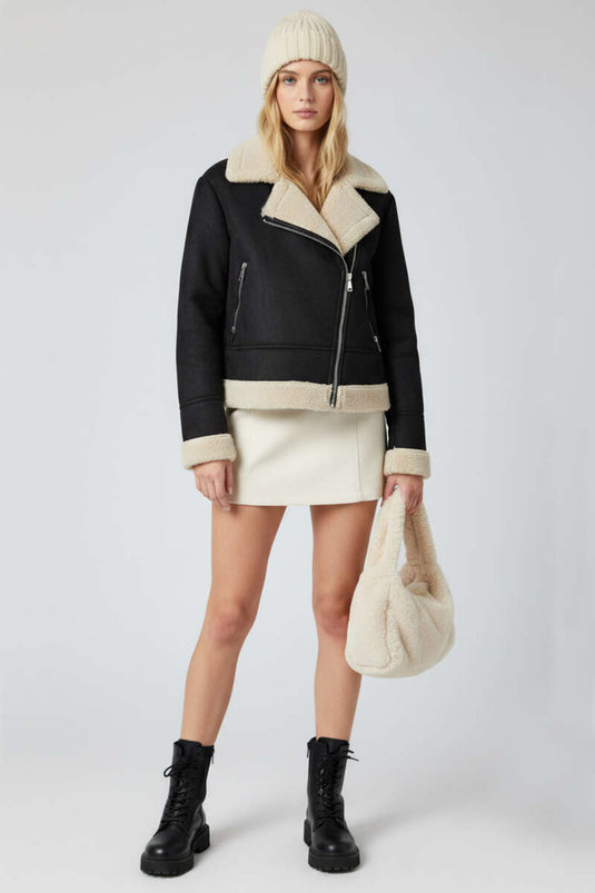 Giacca corta in pelle scamosciata con cerniera, nera