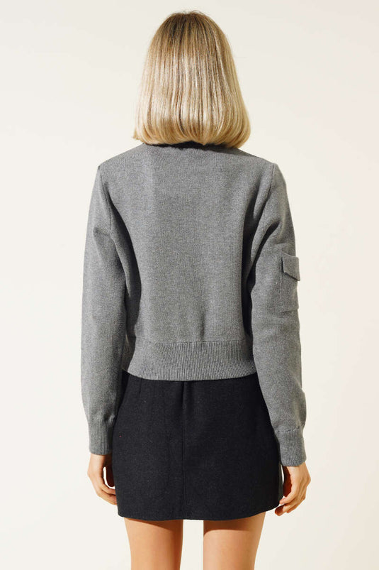 Gilet court en maille gris à fermeture éclair