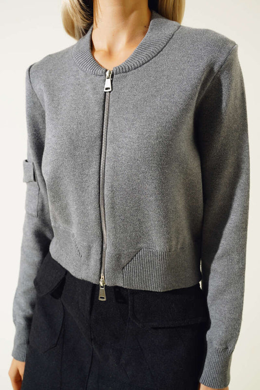 Zippered Short Knit Cardigan Gray