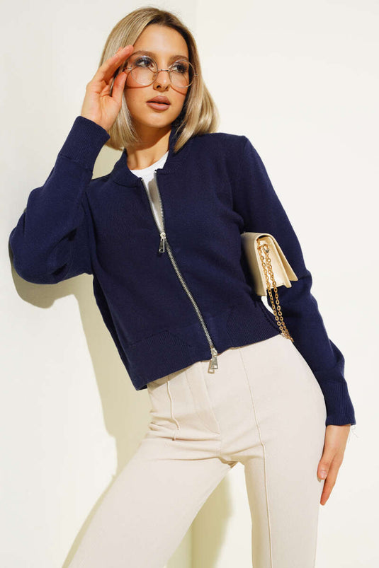 Zippered Short Knit Cardigan Navy Blue