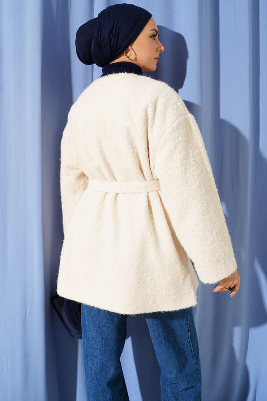 سترة من اللباد بسحاب وحزام بلون بيج فاتح