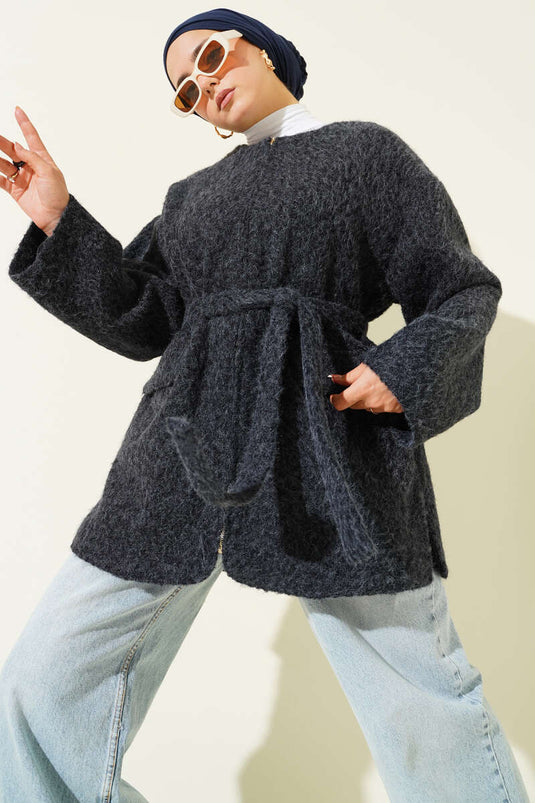 جاكيت من اللباد بسحاب وحزام أزرق داكن