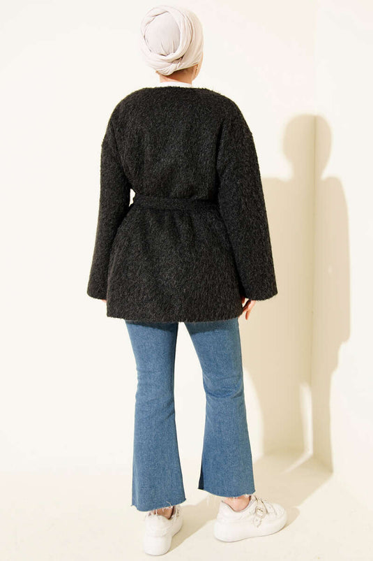 Fermuarlı Kuşaklı Keçe Ceket Siyah