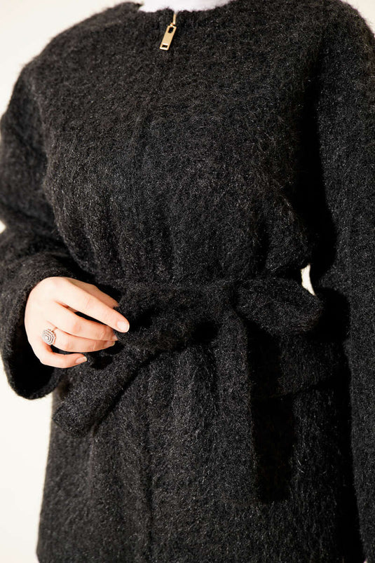 Fermuarlı Kuşaklı Keçe Ceket Siyah