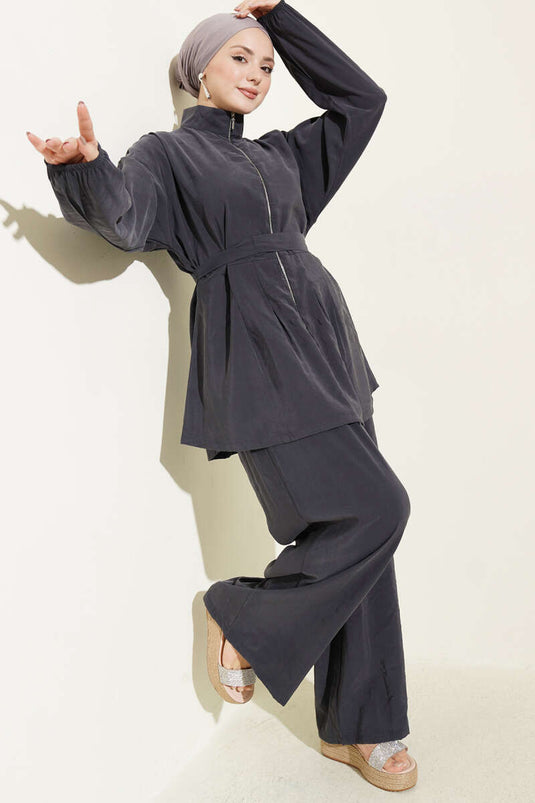 Ensemble double en modal avec ceinture zippée, couleur fumée