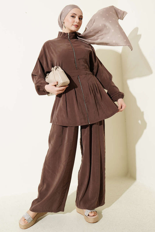 Ensemble double en modal avec ceinture zippée marron