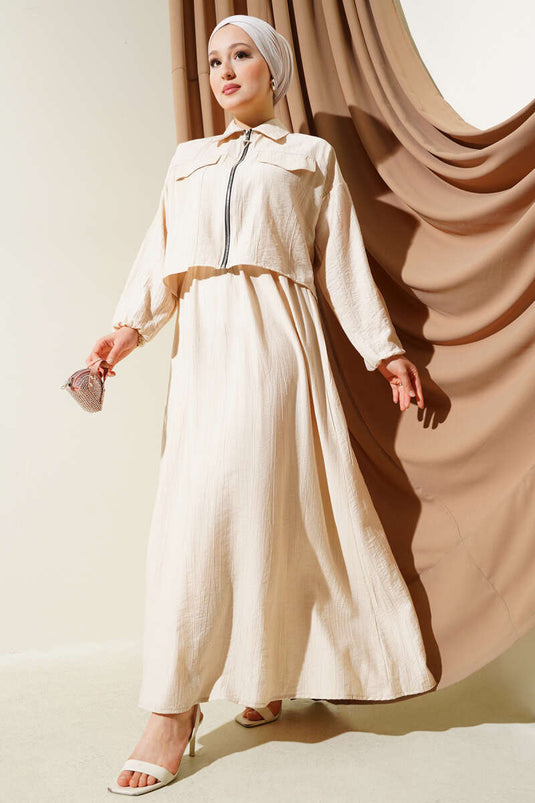 طقم كارديجان مرن بسحاب من قطعتين، بيج