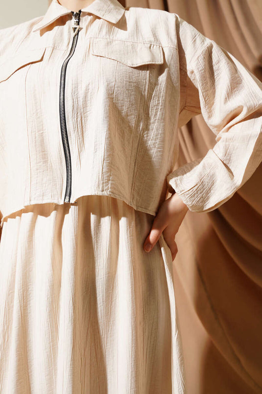 طقم كارديجان مرن بسحاب من قطعتين، بيج