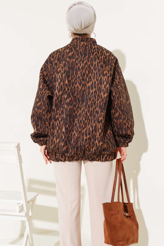 Zippered Leopard Print Wool Coat Leopard