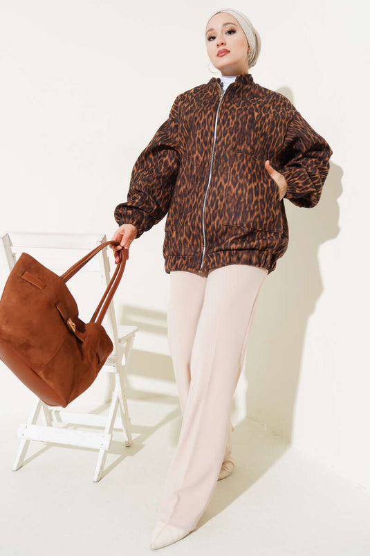 Zippered Leopard Print Wool Coat Leopard