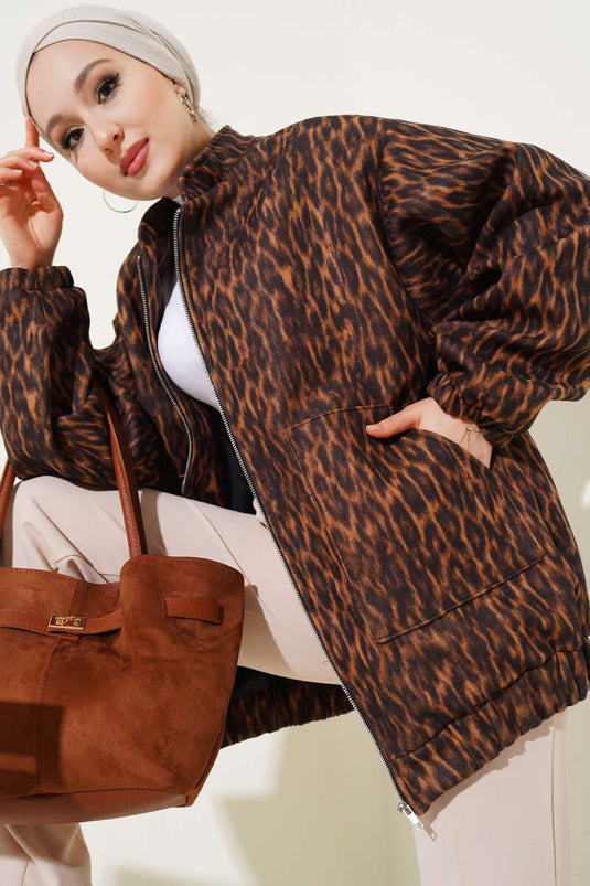 Zippered Leopard Print Wool Coat Leopard